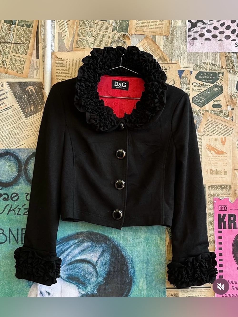 Vintage 2000’s D&G Black Cropped Jacket with Ruffled Collar
